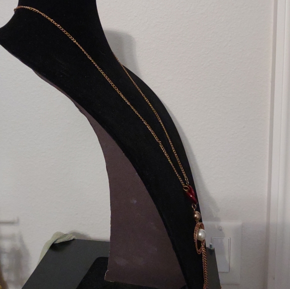 Fashion 21"L Goldtone Necklace W/ Gold Rings & Burgundy Disc Beads & Tassels - Picture 2 of 7